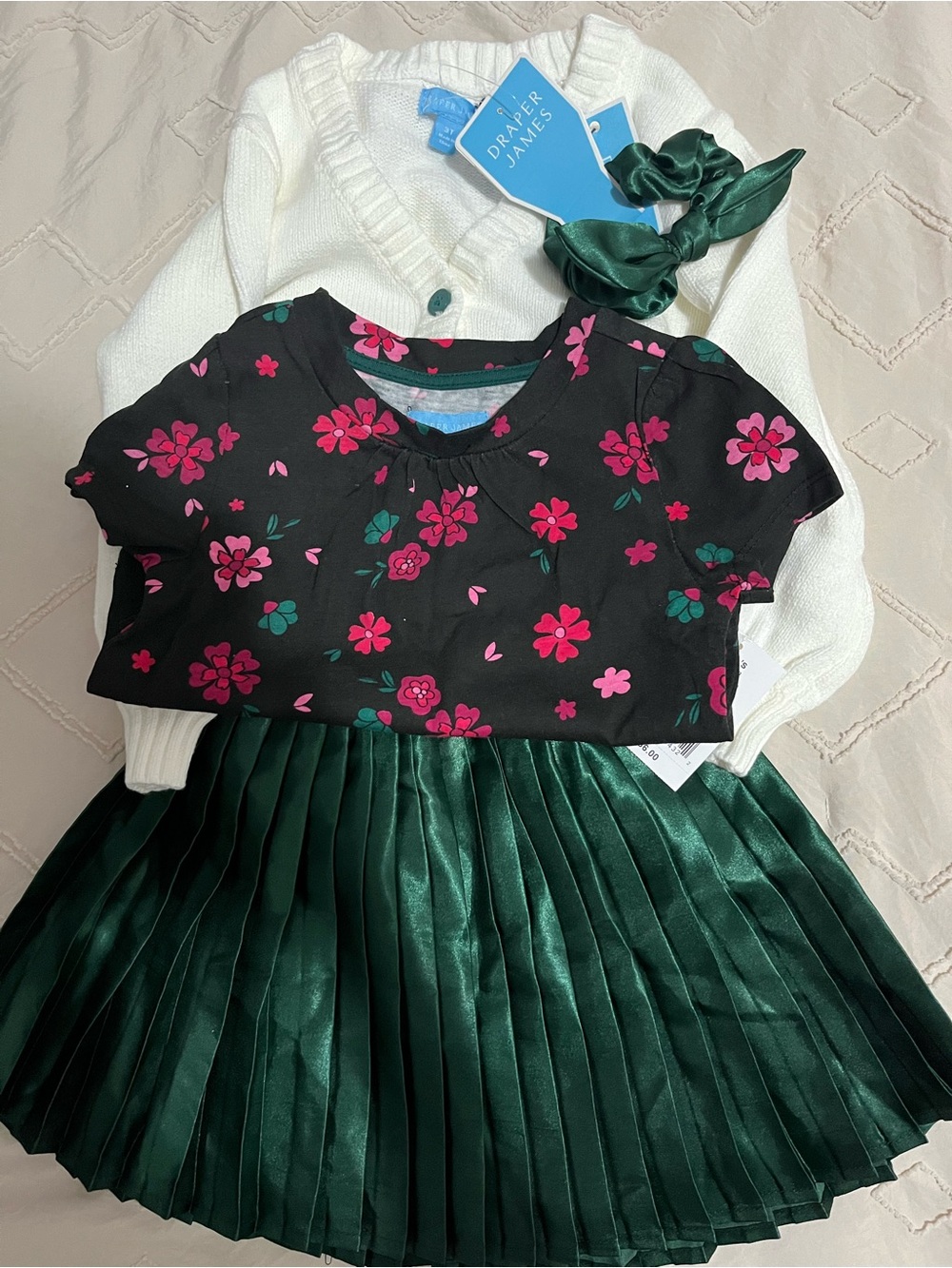 Draper James Girls Floral Top, Emerald Pleated Skirt & White Cardigan Set- 3T